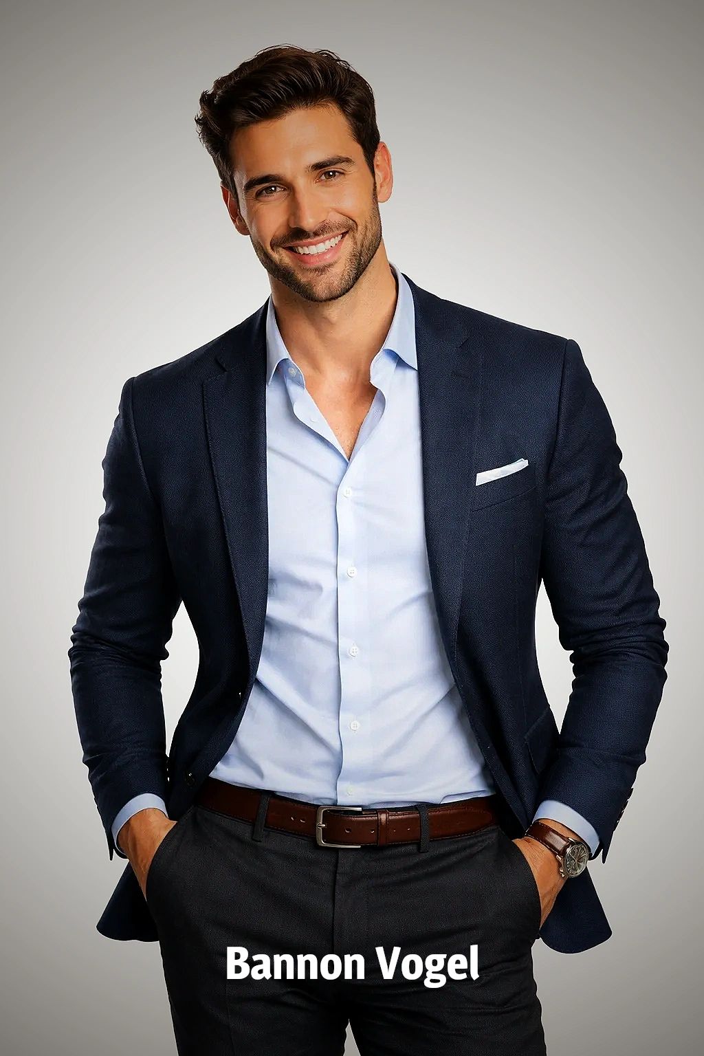 Smiling man in a dark blazer and light blue shirt with hands in pockets.