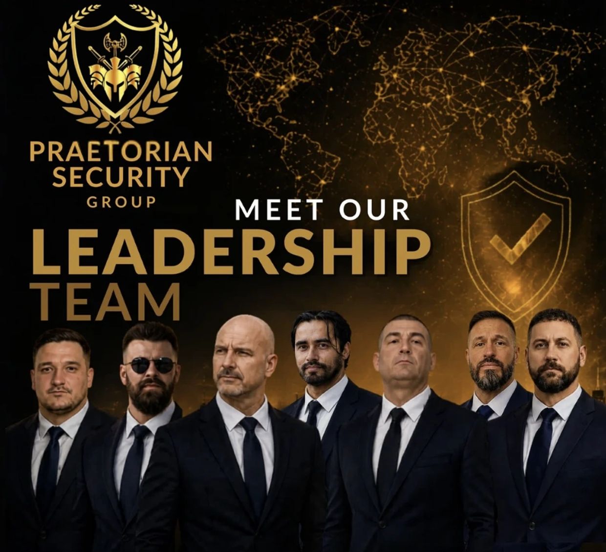 Praetorian Security Group's leadership team in formal suits with a global security theme.