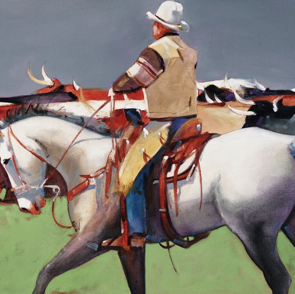 Painting of a cowboy pushing corrientes.