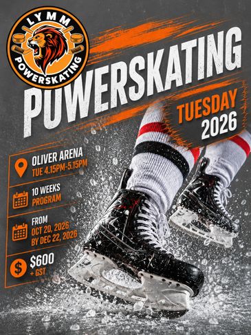 Flymm Powerskating poster with ice skates and program details.