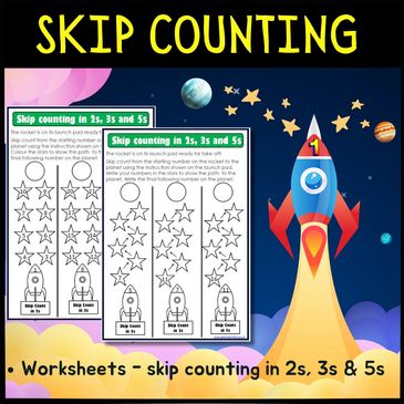 Skip counting worksheets with a rocket theme for 2s, 3s, and 5s.