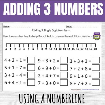 Math worksheet for adding three single-digit numbers with a number line.