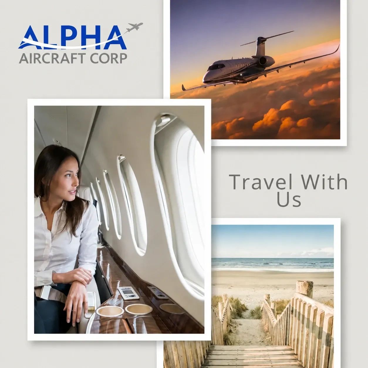 Luxury air travel advertisement with scenic views.