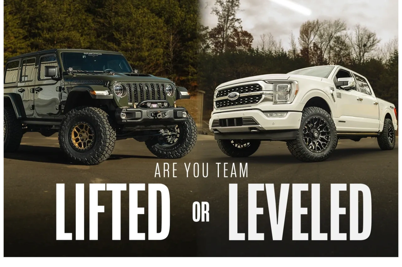 dramatic image showing lifted jeep and leveled ford f150