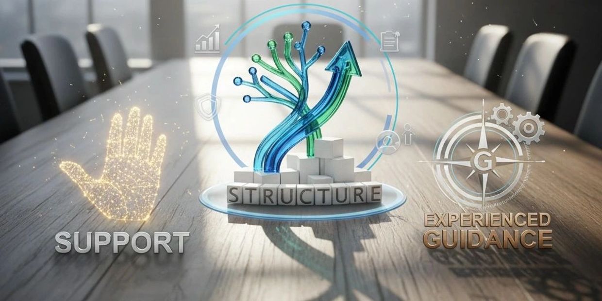 Support, structure, and experienced guidance icons on a wooden table.