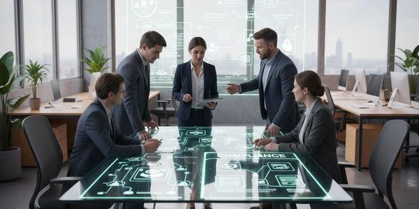 Business team discussing digital compliance data on a futuristic interactive table in office.
