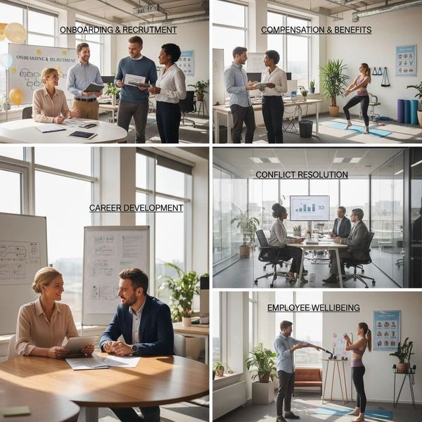 Workplace scenes depicting HR functions: onboarding, benefits, development, conflict resolution, and wellbeing.
