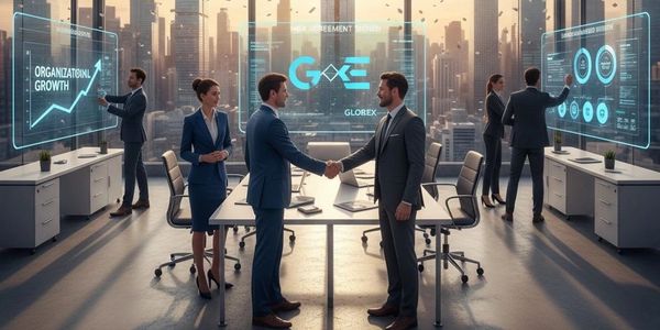 Business professionals shaking hands amidst futuristic digital displays in a modern office.