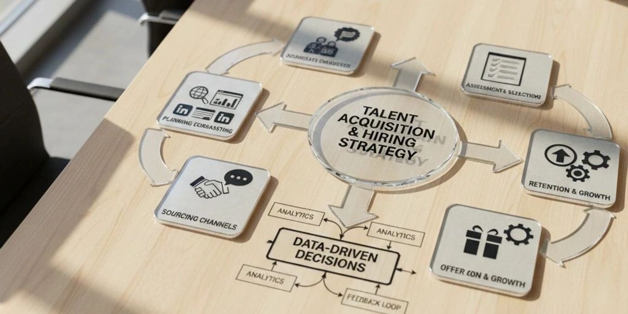 Diagram of talent acquisition and hiring strategy process on a wooden table.