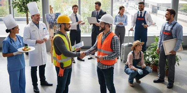 Professionals from various fields greeting and interacting indoors.