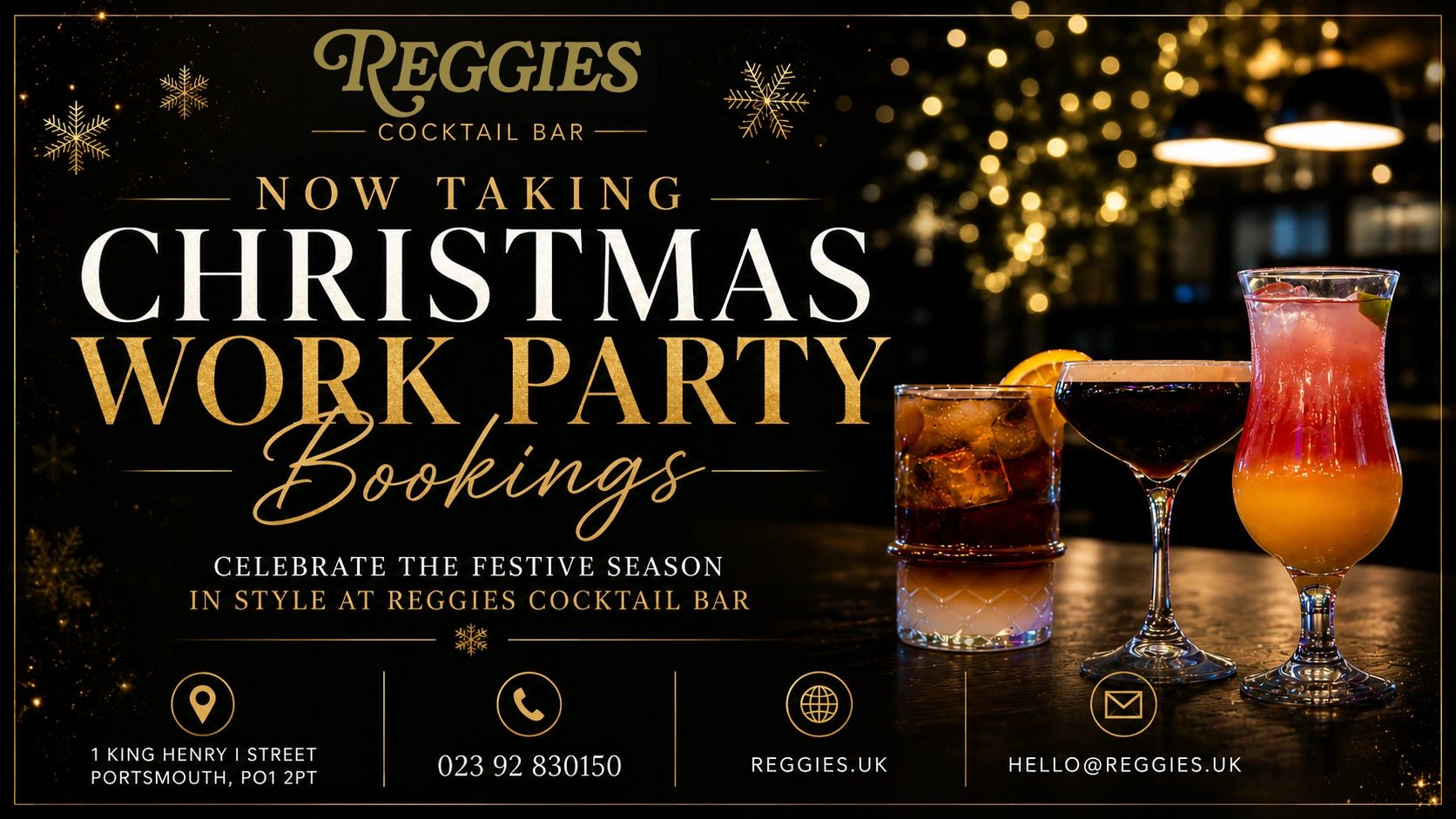Reggies Cocktail Bar invites Christmas work party bookings with festive drinks and style.
