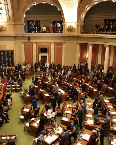 Legislative session in a government chamber with members standing.