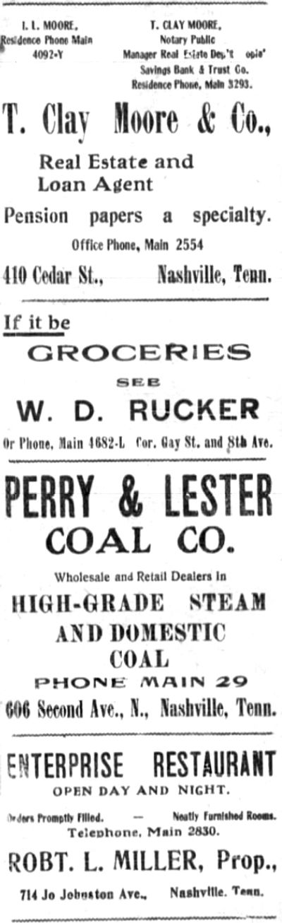 Vintage Nashville business advertisements including real estate, groceries, coal, and restaurant.