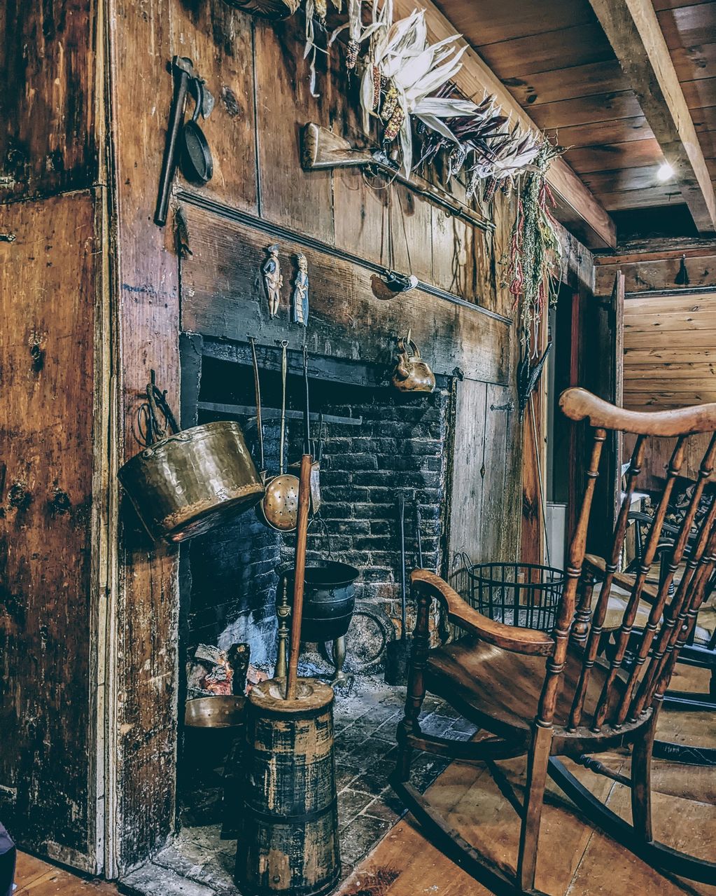 Image shows hearth where breakfast is cooked during the winter.