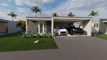 Modern single-story house with two cars parked in a covered driveway.