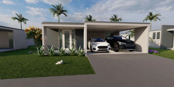 Modern single-story house with two cars parked in a covered driveway.