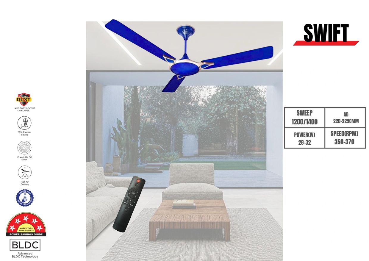 Swift BLDC Ceiling Fan – Digital Motors SWIFT BLDC FAN Modern Swift BLDC ceiling fan with 1200/1400m