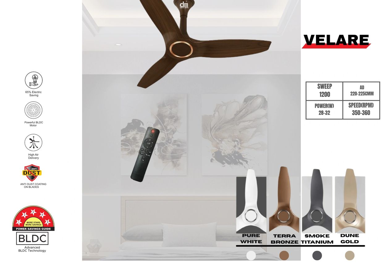 Velare BLDC Ceiling Fan – Digital Motors
VELARE Premium Velare BLDC ceiling fan with 1200mm sweep,