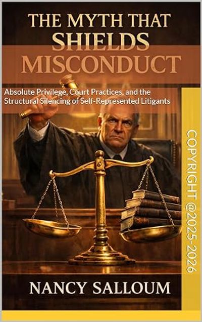 Book cover titled "The Myth That Shields Misconduct" by Nancy Salloum.