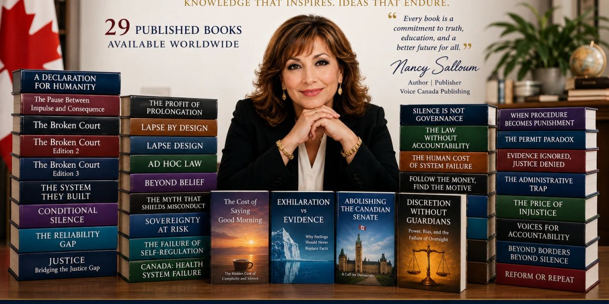 Author Nancy Salloum with her 29 published books on justice and governance.