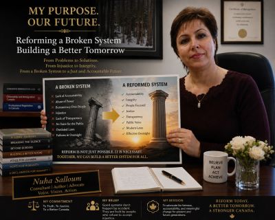 Woman presents a poster on reforming a broken system for a better future.