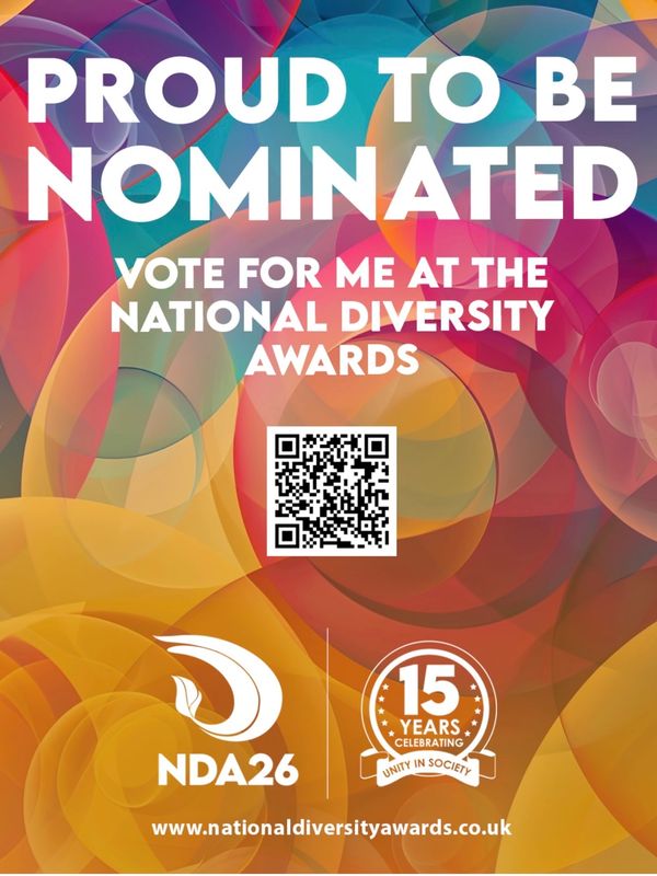 Colorful poster announcing nomination for the National Diversity Awards with a QR code for voting.