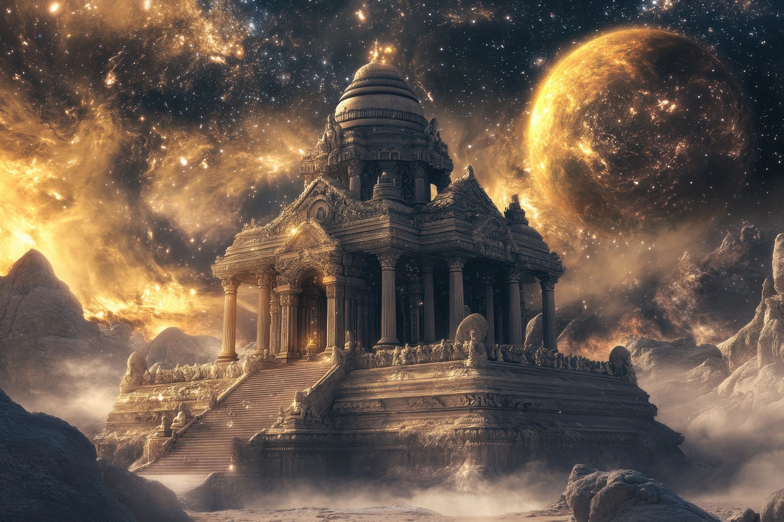 Ancient temple under a glowing cosmic sky with a giant planet.