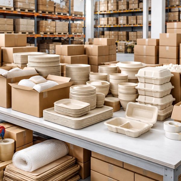Warehouse with eco-friendly disposable plates and packaging supplies.