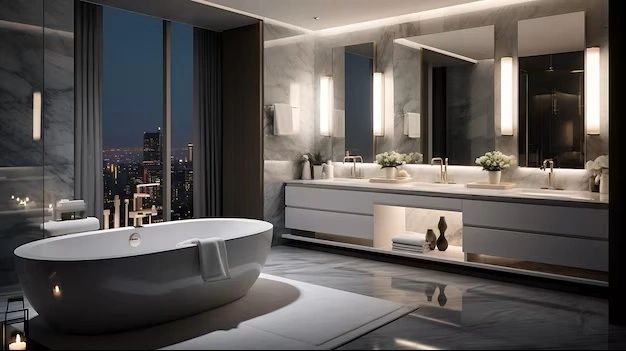 Luxurious modern bathroom with freestanding tub and city view at night.