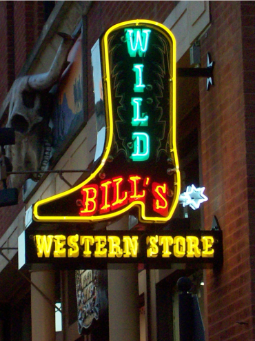 Neon sign Wild Bill's Western Store.