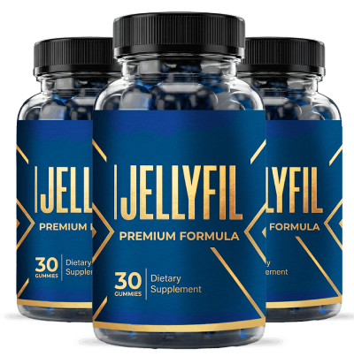 Bottles of Jellyfil dietary supplement gummies.