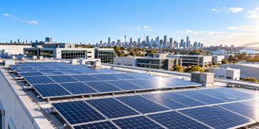 Commercial rooftop solar panel installation on a large industrial building in Sydney, Australia, hel