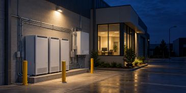 Commercial battery backup system supplying essential power to a business during a grid outage.