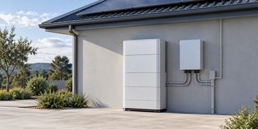 Battery storage system and inverter installed on an exterior wall beneath rooftop solar panels.