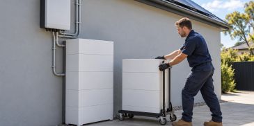 Installer positioning an additional battery unit beside an existing solar battery system to expand s
