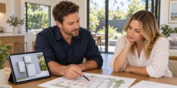 Consultant discussing battery system design with a customer using property plans, energy charts and