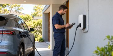 Electrician checking a wall-mounted EV charger connected to an electric vehicle in a home driveway.