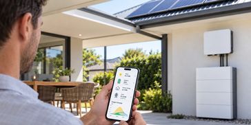 Homeowner monitoring solar generation, battery charge and electricity use on a mobile phone beside a