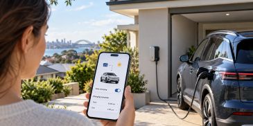 Homeowner using a mobile app to schedule EV charging, with an electric car, wall charger and rooftop