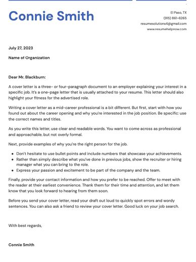 A professional guide on writing a cover letter with tips for mid-career applicants.