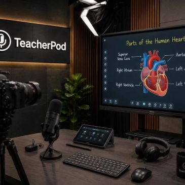 Podcast studio setup for educational content on the human heart.