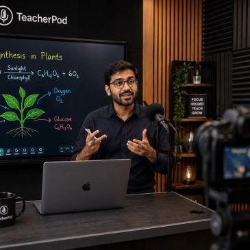 A teacher explains photosynthesis in a recorded online class setup.
