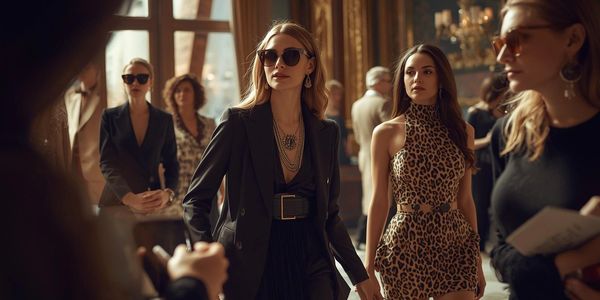 Stylish women in sunglasses at a chic indoor event.