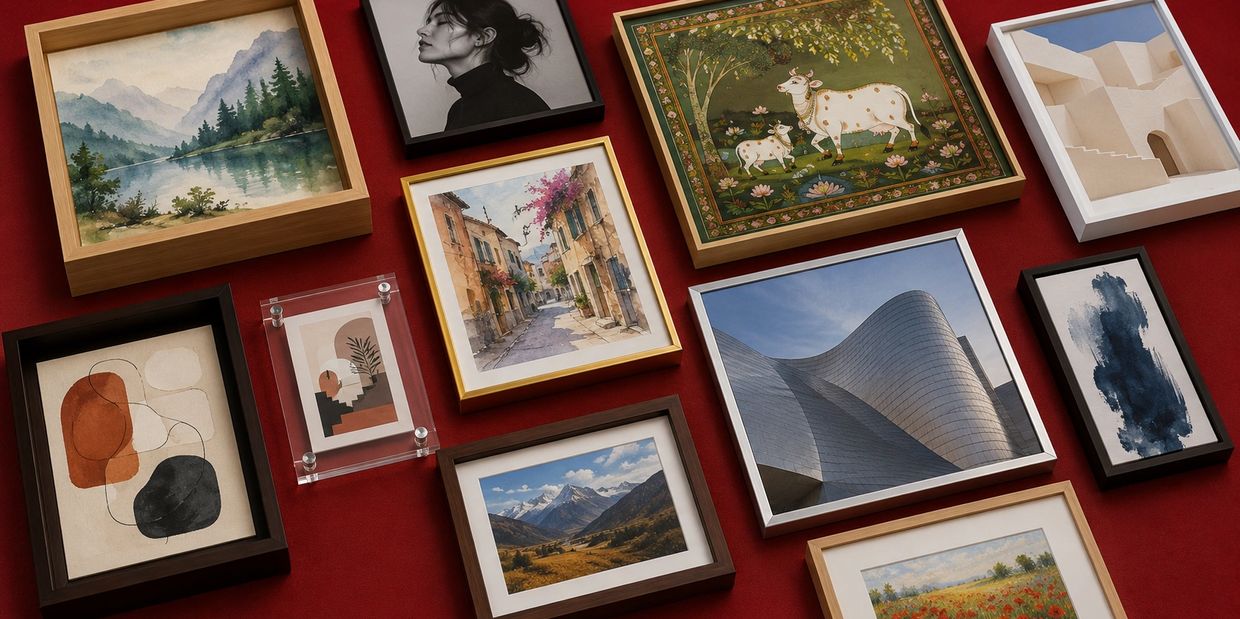 A collection of framed artwork on a red surface, featuring landscapes, abstract art, and portraits.