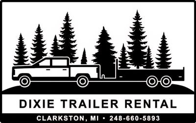 Black and white logo of a pickup truck with a trailer and pine trees for Dixie Trailer Rental in Clarkston, MI.