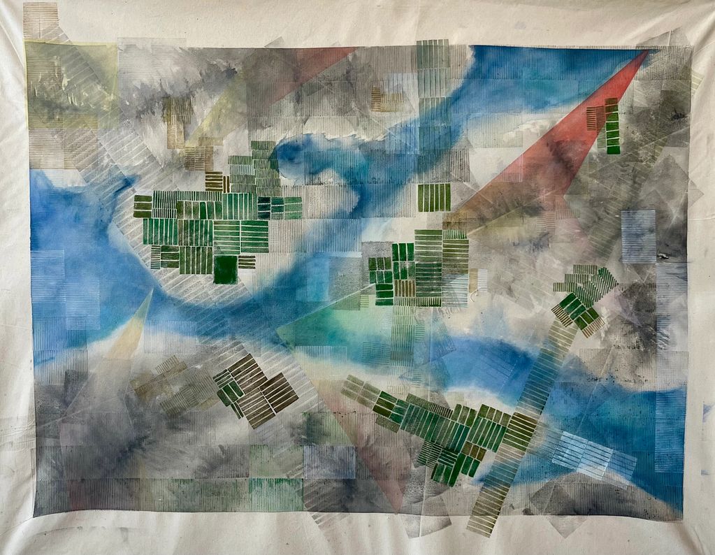 Abstract artwork with geometric shapes and watercolor textures in blue, green, and gray tones.