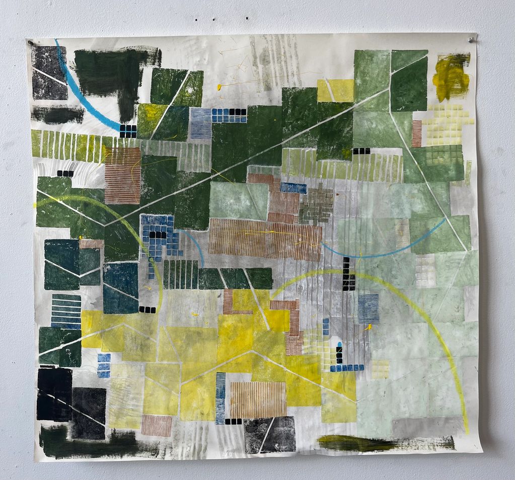 Abstract geometric painting with green, yellow, and blue shapes and lines.