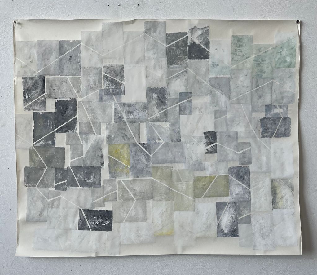 Abstract collage of translucent rectangles with intersecting white lines on a muted background.
