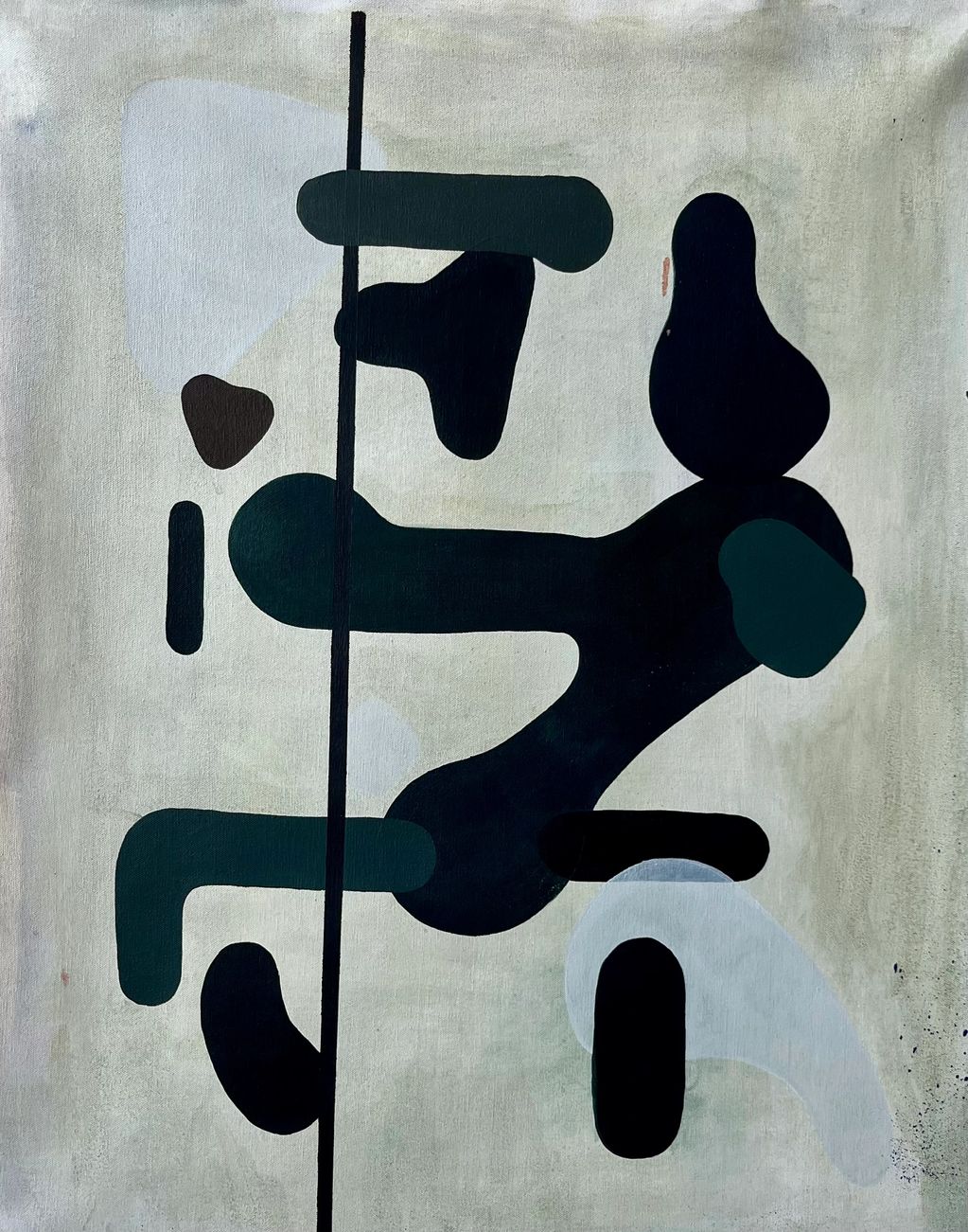 Abstract painting with black and dark green shapes on a gray background.