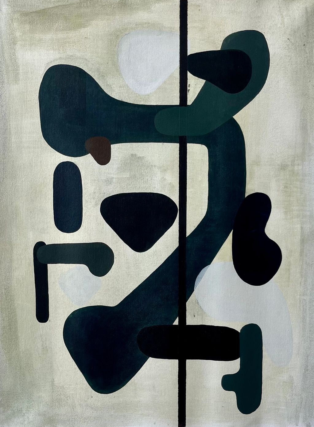 Abstract painting with dark organic shapes and a vertical black line on a neutral background.